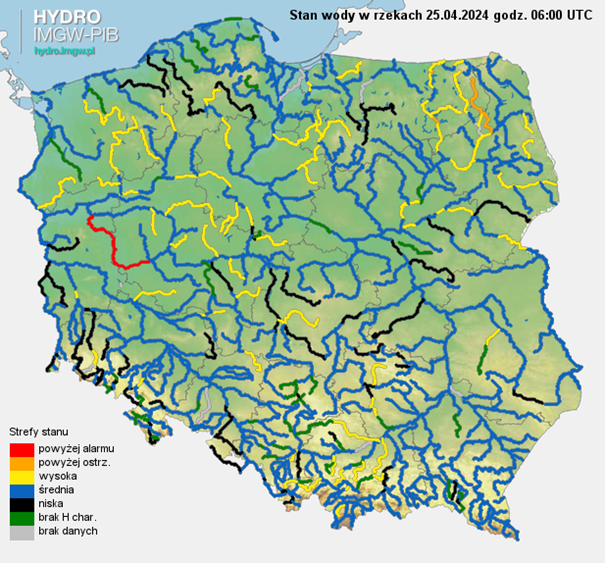 Stan wody na rzekach w Polsce 25.04.2024 r. godz. 8:00.