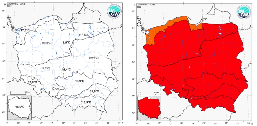 Wartości średniej obszarowej temperatury powietrza oraz klasyfikacja termiczna w czerwcu 2022 r. w poszczególnych regionach klimatycznych Polski.
