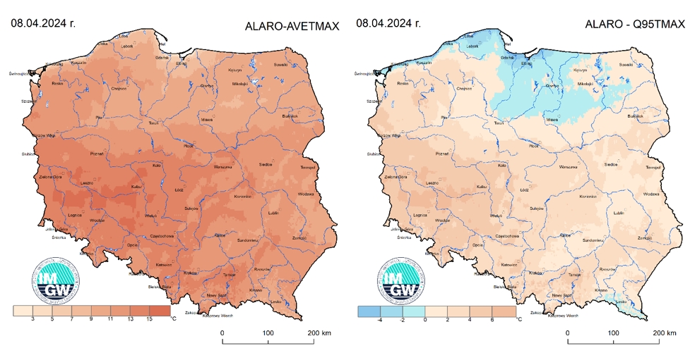 Anomalia prognozy TMAX (2024-04-08) względem notowanych charakterystyk wieloletnich (1991-2020): ALARO-AVETMAX – ALARO-wartość średnia TMAX (po lewej), ALARO-Q95TMAX – ALARO-kwantyl 95% TMAX (po prawej).