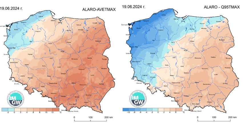 Anomalia prognozy TMAX (2024-06-19) względem notowanych charakterystyk wieloletnich (1991-2020): ALARO-AVETMAX – ALARO-wartość średnia TMAX (po lewej), ALARO-Q95TMAX – ALARO-kwantyl 95% TMAX (po prawej).