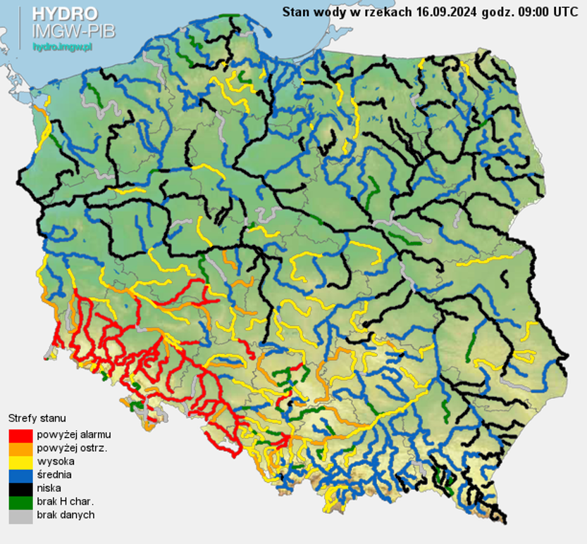 Aktualna sytuacja hydrologiczna 16.09.2024 (09 UTC). Źródło: IMGW-PIB