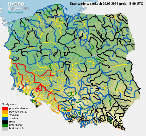 Aktualny stan wody w rzekach na godz. 18 UTC. 