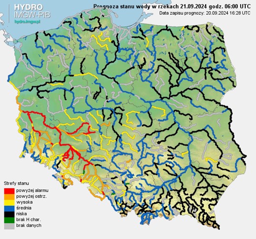 Prognozowana sytuacja hydrologiczna 21.09.2024 r. (06 UTC). 