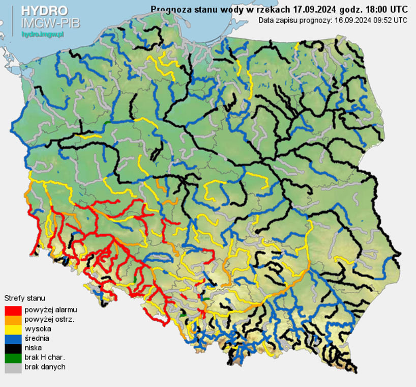 Prognozowana sytuacja hydrologiczna 17.09.2024 r. (18 UTC)