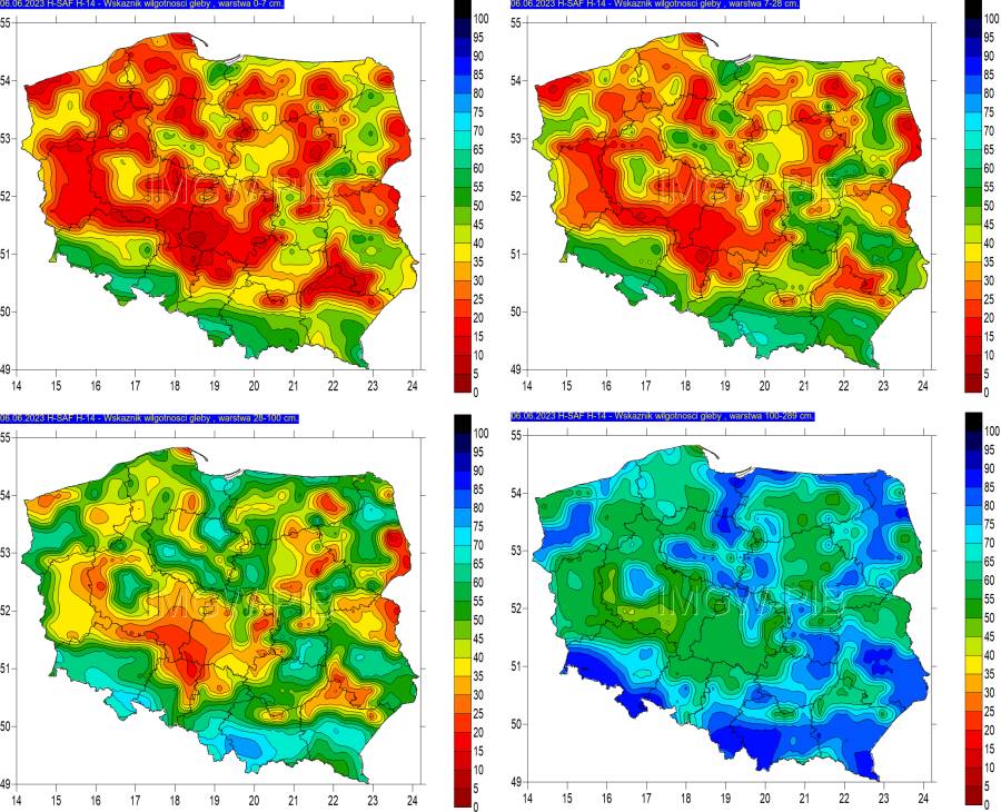 Mapy wskaźnika wilgotności gleby w warstwie: 1. 0-7 cm; 2. 7-28 cm; 3. 28-100 cm; 4. 100-289 cm. https://stopsuszy.imgw.pl/wilgotnosc/