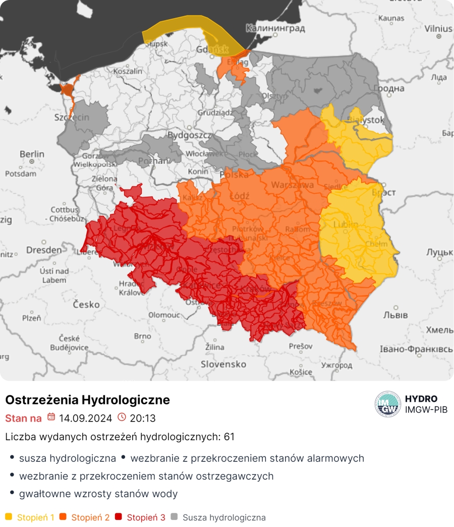 Mapa obowiązujących ostrzeżeń hydrologicznych. Źródło: IMGW-PIB