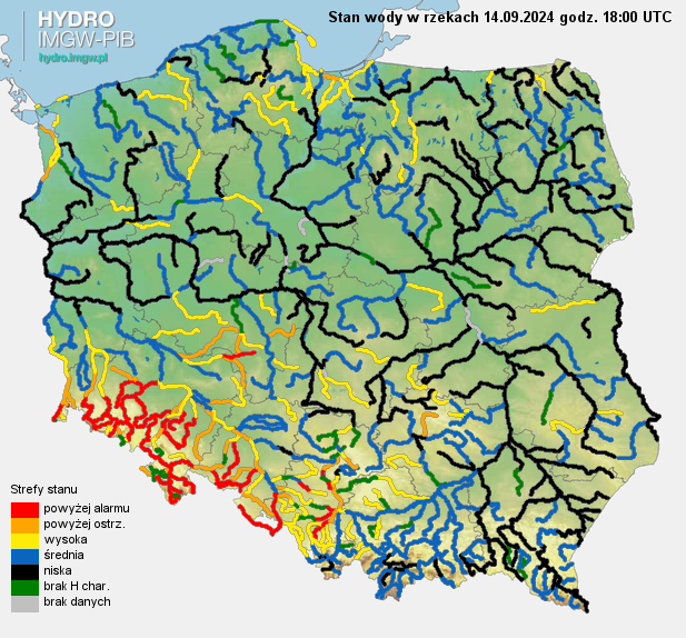 Aktualna sytuacja hydrologiczna 14.09.2024 (18 UTC). Źródło: IMGW-PIB