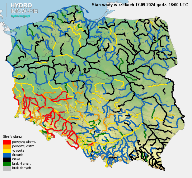 Aktualna sytuacja hydrologiczna 17.09.2024 (18 UTC). Źródło: IMGW-PIB