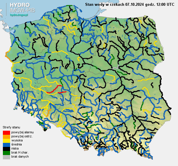 Aktualny stan wody w rzekach na godz. 12 UTC 07.10.2024 r.