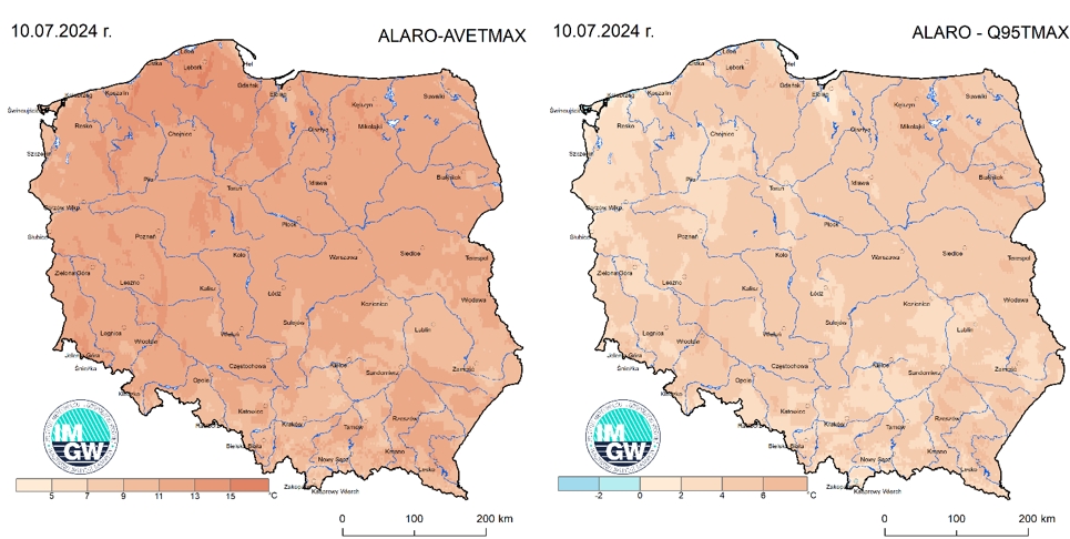 Anomalia prognozy TMAX (2024-07-10) względem notowanych charakterystyk wieloletnich (1991-2020): ALARO-AVETMAX – ALARO-wartość średnia TMAX (po lewej), ALARO-Q95TMAX – ALARO-kwantyl 95% TMAX (po prawej).