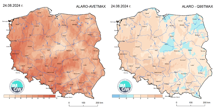 Anomalia prognozy TMAX (2024-08-24) względem notowanych charakterystyk wieloletnich (1991-2020): ALARO-AVETMAX – ALARO-wartość średnia TMAX (po lewej), ALARO-Q95TMAX – ALARO-kwantyl 95% TMAX (po prawej).