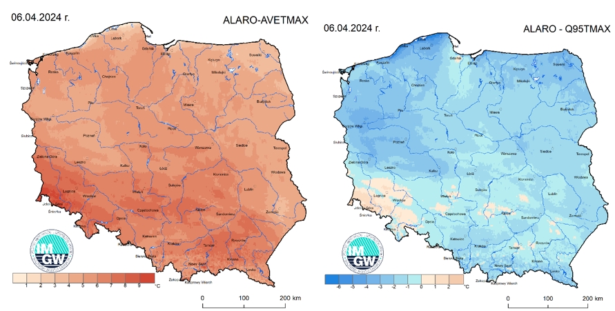 Anomalia prognozy TMAX (2024-04-06) względem notowanych charakterystyk wieloletnich (1991-2020): ALARO-AVETMAX – ALARO-wartość średnia TMAX (po lewej), ALARO-Q95TMAX – ALARO-kwantyl 95% TMAX (po prawej).