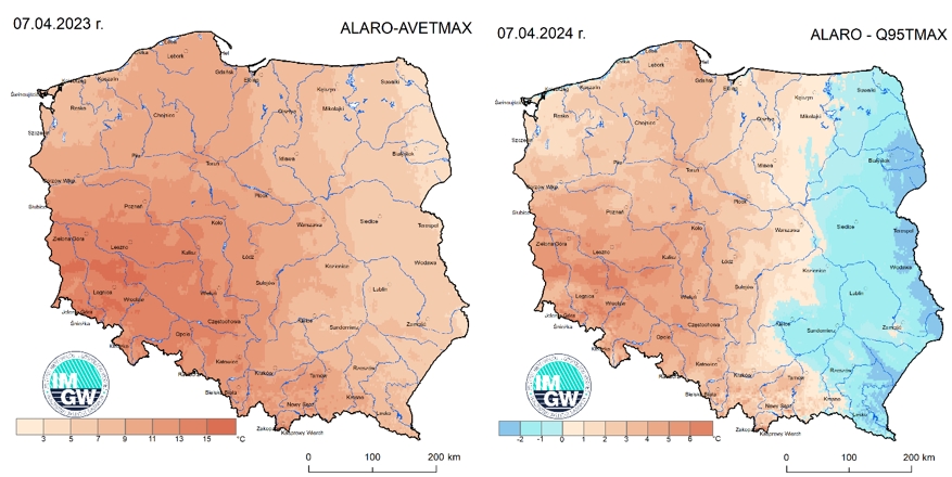 Anomalia prognozy TMAX (2024-04-07) względem notowanych charakterystyk wieloletnich (1991-2020): ALARO-AVETMAX – ALARO-wartość średnia TMAX (po lewej), ALARO-Q95TMAX – ALARO-kwantyl 95% TMAX (po prawej).