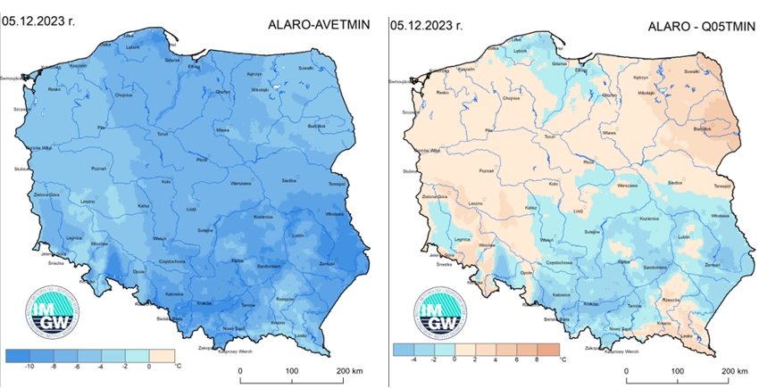 Anomalia prognozy TMIN (2023-12-05) względem notowanych charakterystyk wieloletnich (1991-2020): ALARO-AVETMIN – ALARO-wartość średnia TMIN (po lewej), ALARO-Q05TMIN – ALARO-kwantyl 5% TMIN (po prawej).
