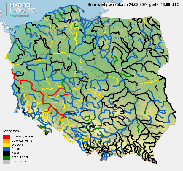 Aktualny stan wody w rzekach na godz. 18 UTC 24.09.2024 r. Prognozowana sytuacja