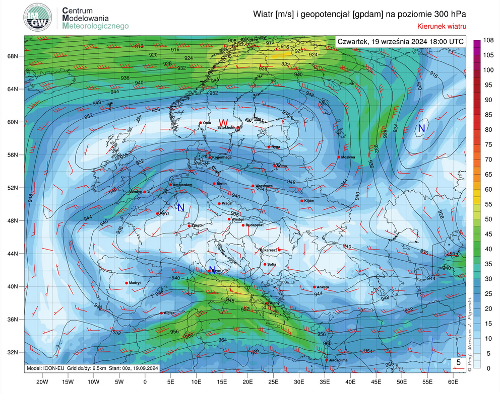 Prognozowane przez model ICON-EU prędkość i kierunek wiatru oraz geopotencjał na poziomie 300 hPa na czwartek (19.09), godz. 18:00 UTC.