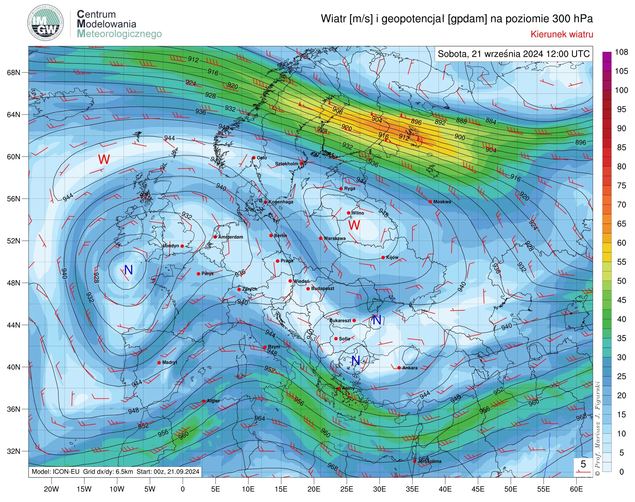 Prognozowane przez model ICON-EU prędkość i kierunek wiatru oraz geopotencjał na poziomie 300 hPa na sobotę (21.09), godz. 12:00 UTC.