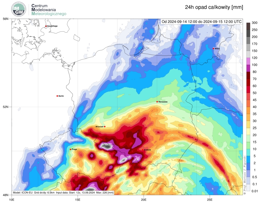 Prognozowana dobowa suma opadów od soboty (14.09.2024) godz. 12 UTC do niedzieli (15.09.2024) godz. 12 UTC wg modelu ICON-EU.