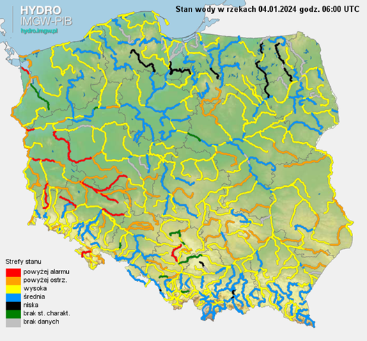 Stan wody na rzekach w Polsce 04.01.2024 r. godz. 7:00.