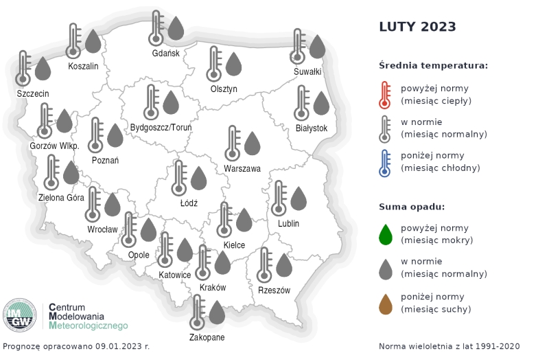 Prognoza średniej miesięcznej temperatury powietrza i miesięcznej sumy opadów atmosferycznych na luty 2023 r. dla wybranych miast w Polsce.