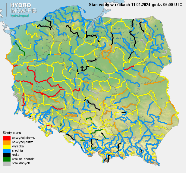 Stan wody na rzekach w Polsce 11.01.2024 r. godz. 7:00.