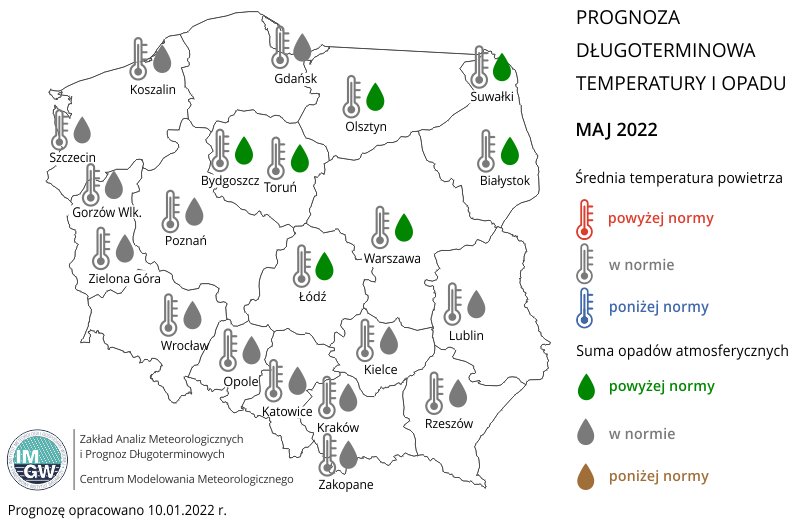 Prognoza średniej miesięcznej temperatury powietrza i miesięcznej sumy opadów atmosferycznych na maj 2022 r. dla wybranych miast w Polsce.