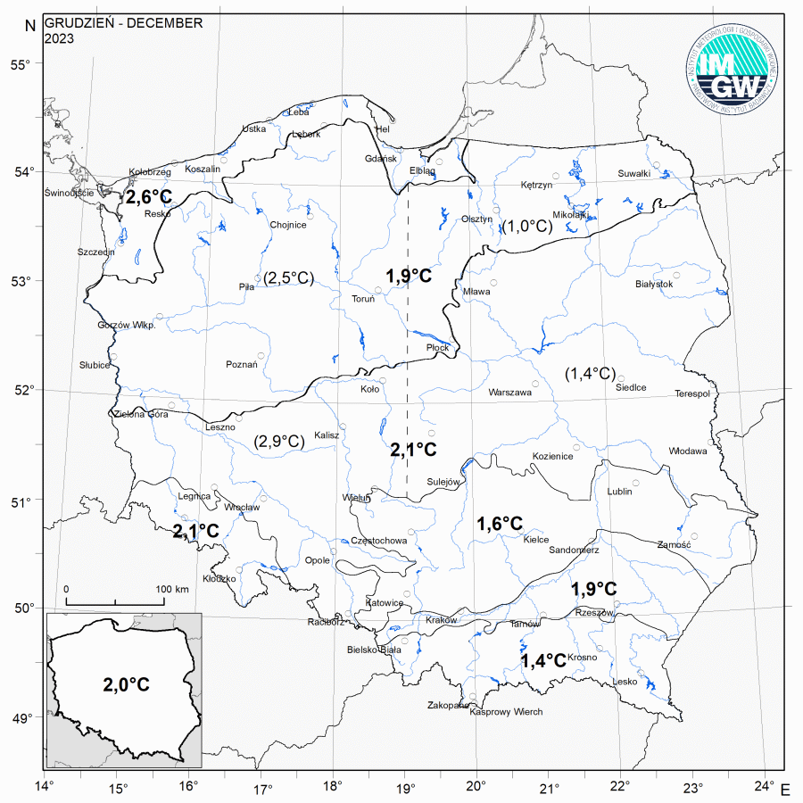 Wartości średniej obszarowej temperatury powietrza oraz klasyfikacja termiczna w grudniu 2023 r. w poszczególnych regionach klimatycznych Polski.