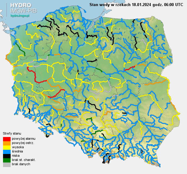 Stan wody na rzekach w Polsce 18.01.2024 r. godz. 7:00.