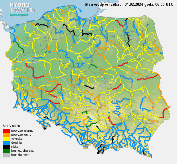 Stan wody na rzekach w Polsce 01.02.2024 r. godz. 7:00.
