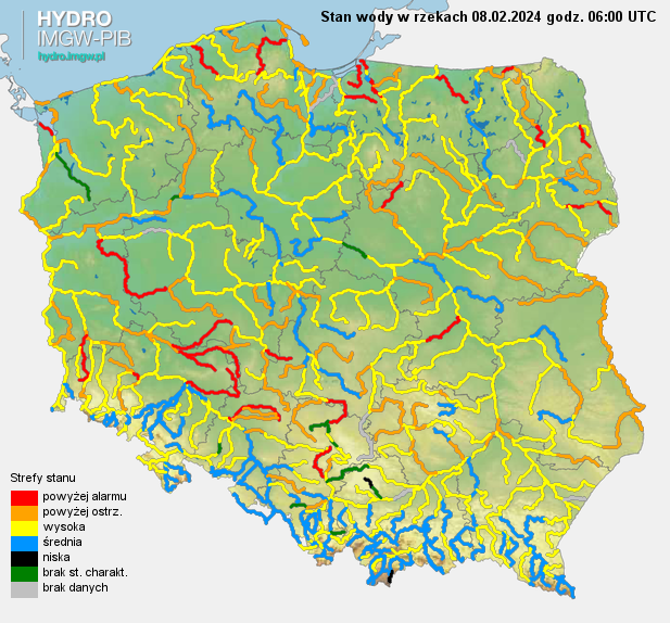 Stan wody na rzekach w Polsce 08.02.2024 r. godz. 7:00. 
