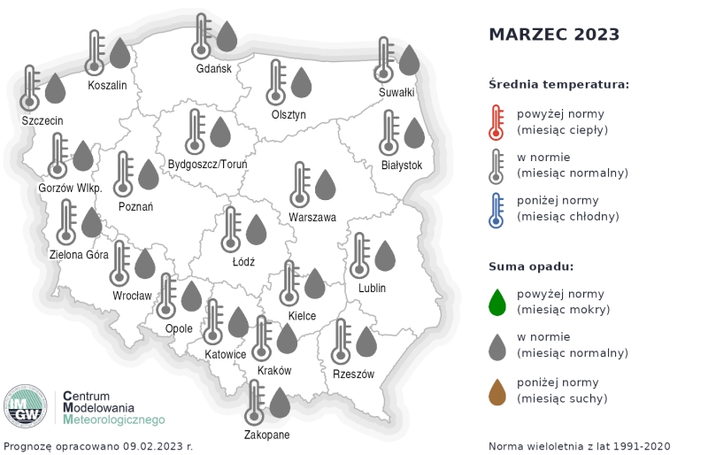 Prognoza średniej miesięcznej temperatury powietrza i miesięcznej sumy opadów atmosferycznych na marzec 2023 r. dla wybranych miast w Polsce.