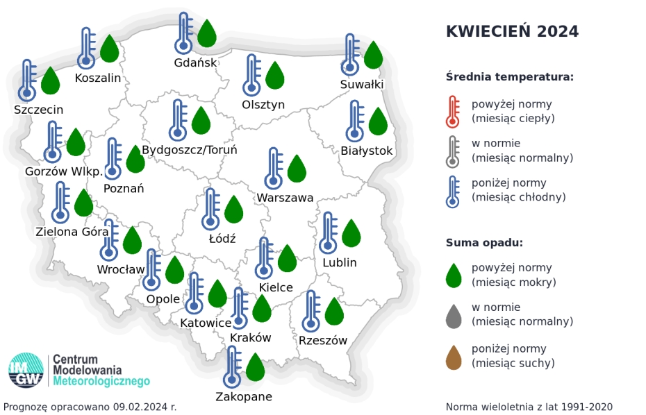 Rys.2. Prognoza średniej miesięcznej temperatury powietrza i miesięcznej sumy opadów atmosferycznych na kwiecień 2024 r. dla wybranych miast w Polsce