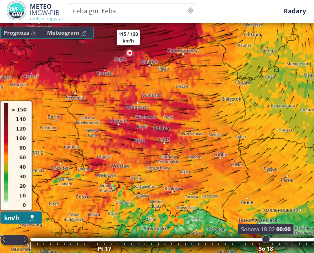 Huraganowe porywy. Prognoza prędkości porywów wiatru jutro (sobota 18.02.2023 r., godz. 00:00) wg modelu Alaro 4k. | meteo.imgw.pl 