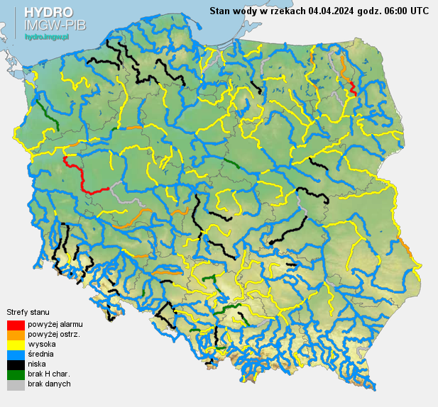 Stan wody na rzekach w Polsce 04.04.2024 r. godz. 7:00.