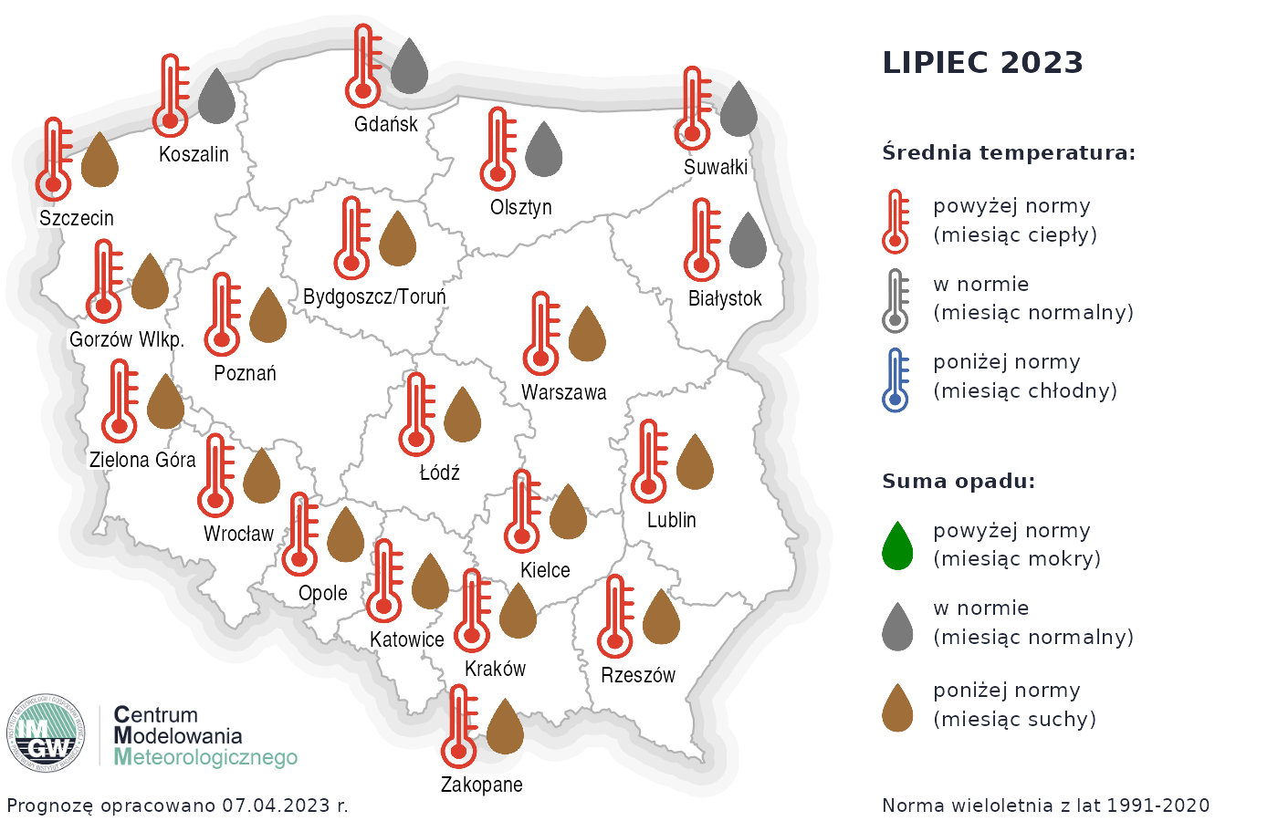 Rys. 3. Prognoza średniej miesięcznej temperatury powietrza i miesięcznej sumy opadów atmosferycznych na lipiec 2023 r. dla wybranych miast w Polsce