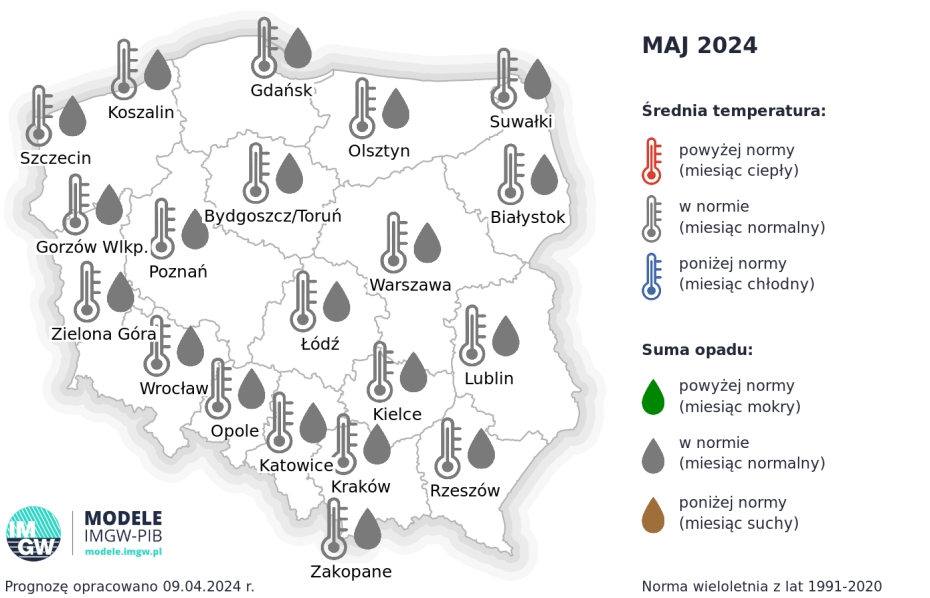 Rys. 1. Prognoza średniej miesięcznej temperatury powietrza i miesięcznej sumy opadów atmosferycznych na maj 2024 r. dla wybranych miast w Polsce