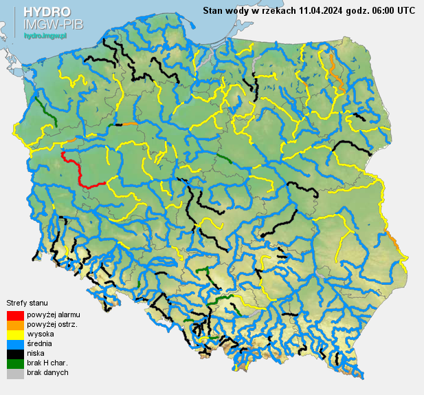 Stan wody na rzekach w Polsce 11.04.2024 r. godz. 8:00.