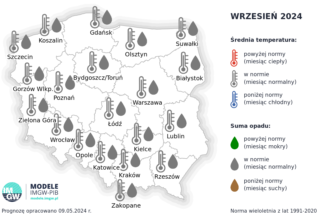 Rys. 4. Prognoza średniej miesięcznej temperatury powietrza i miesięcznej sumy opadów atmosferycznych na wrzesień 2024 r. dla wybranych miast w Polsce