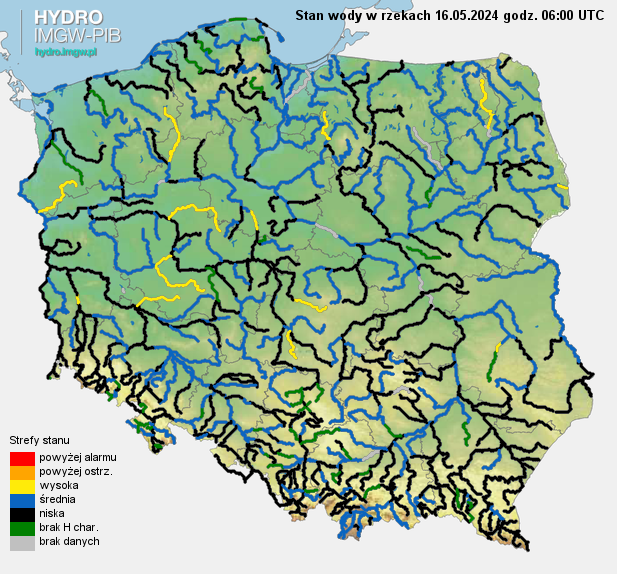 Stan wody na rzekach w Polsce 16.05.2024 r. godz. 8:00.