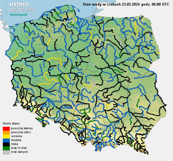 Stan wody na rzekach w Polsce 23.05.2024 r. godz. 8:00.
