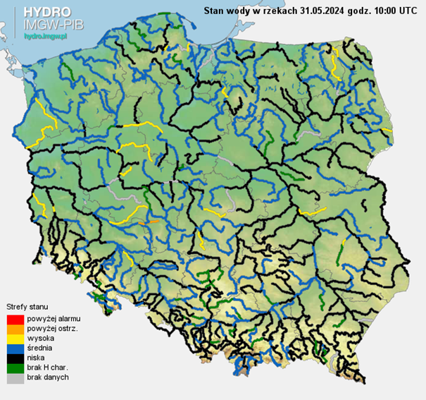 Stan wody na rzekach w Polsce 31.05.2024 r. godz. 8:00.