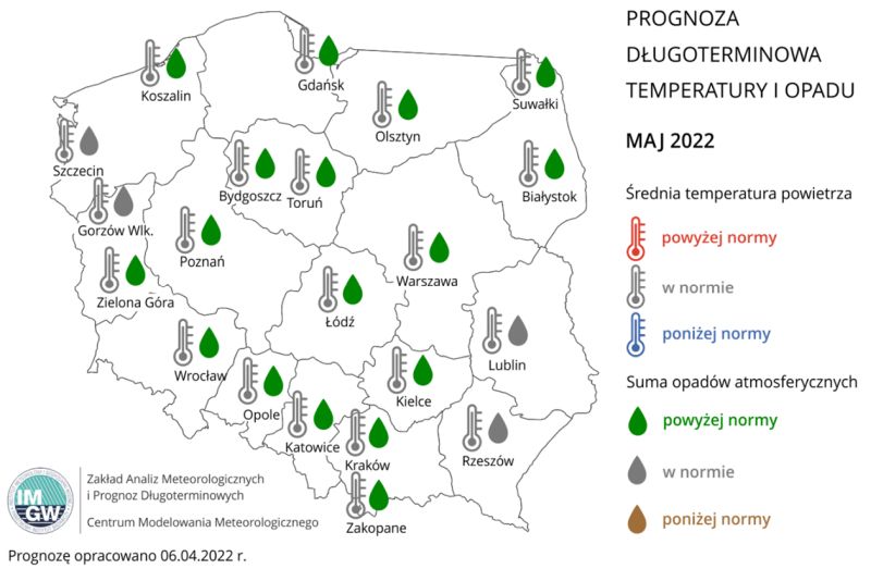 Rys. 1. Prognoza średniej miesięcznej temperatury powietrza i miesięcznej sumy opadów atmosferycznych na maj 2022 r. dla wybranych miast w Polsce