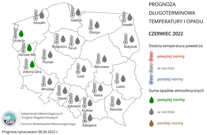 Rys. 2. Prognoza średniej miesięcznej temperatury powietrza i miesięcznej sumy opadów atmosferycznych na czerwiec 2022 r. dla wybranych miast w Polsce