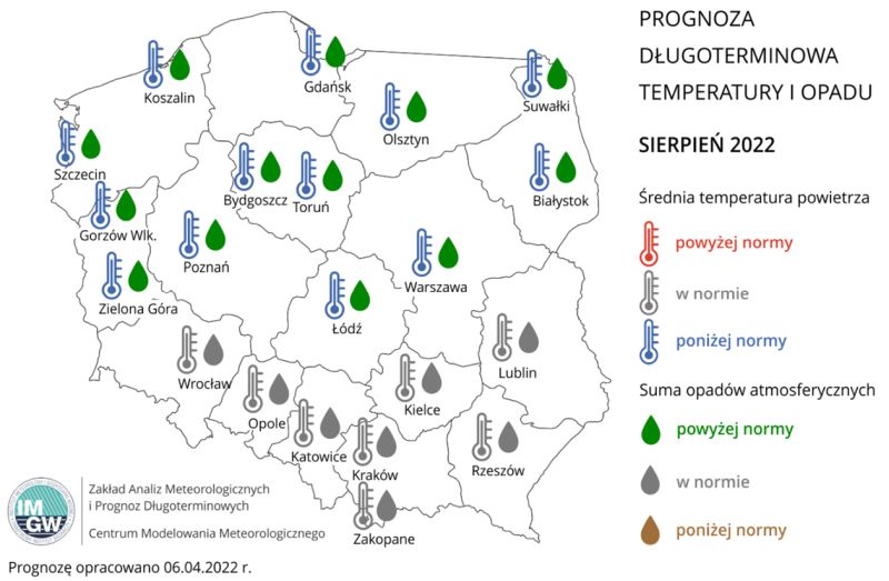 Rys. 4. Prognoza średniej miesięcznej temperatury powietrza i miesięcznej sumy opadów atmosferycznych na sierpień 2022 r. dla wybranych miast w Polsce