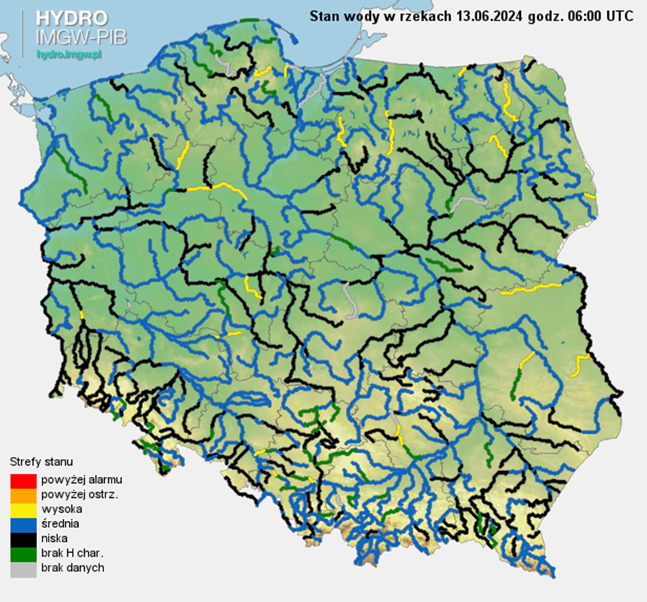 Stan wody na rzekach w Polsce 13.06.2024 r. godz. 8:00.