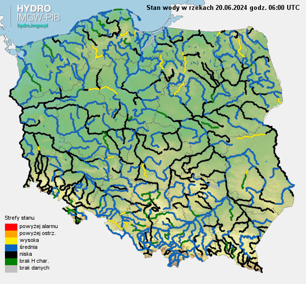 Ryc. 7. Stan wody na rzekach w Polsce 20.06.2024 r. godz. 8:00.