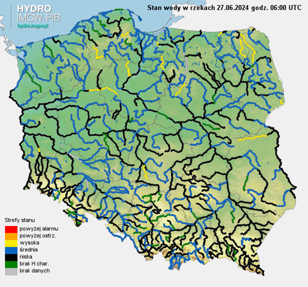 Stan wody na rzekach w Polsce, 27.06.2024 r., godz. 8:00.