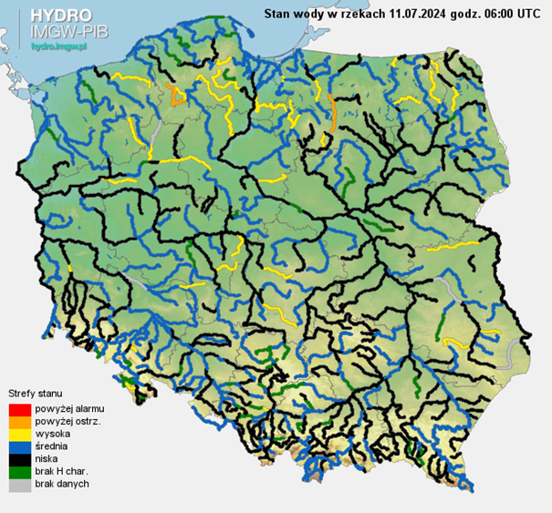 Stan wody na rzekach w Polsce 11.07.2024 r. godz. 8:00.