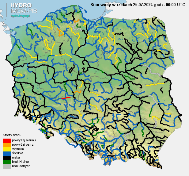 Stan wody na rzekach w Polsce 25.07.2024 r. godz. 8:00.