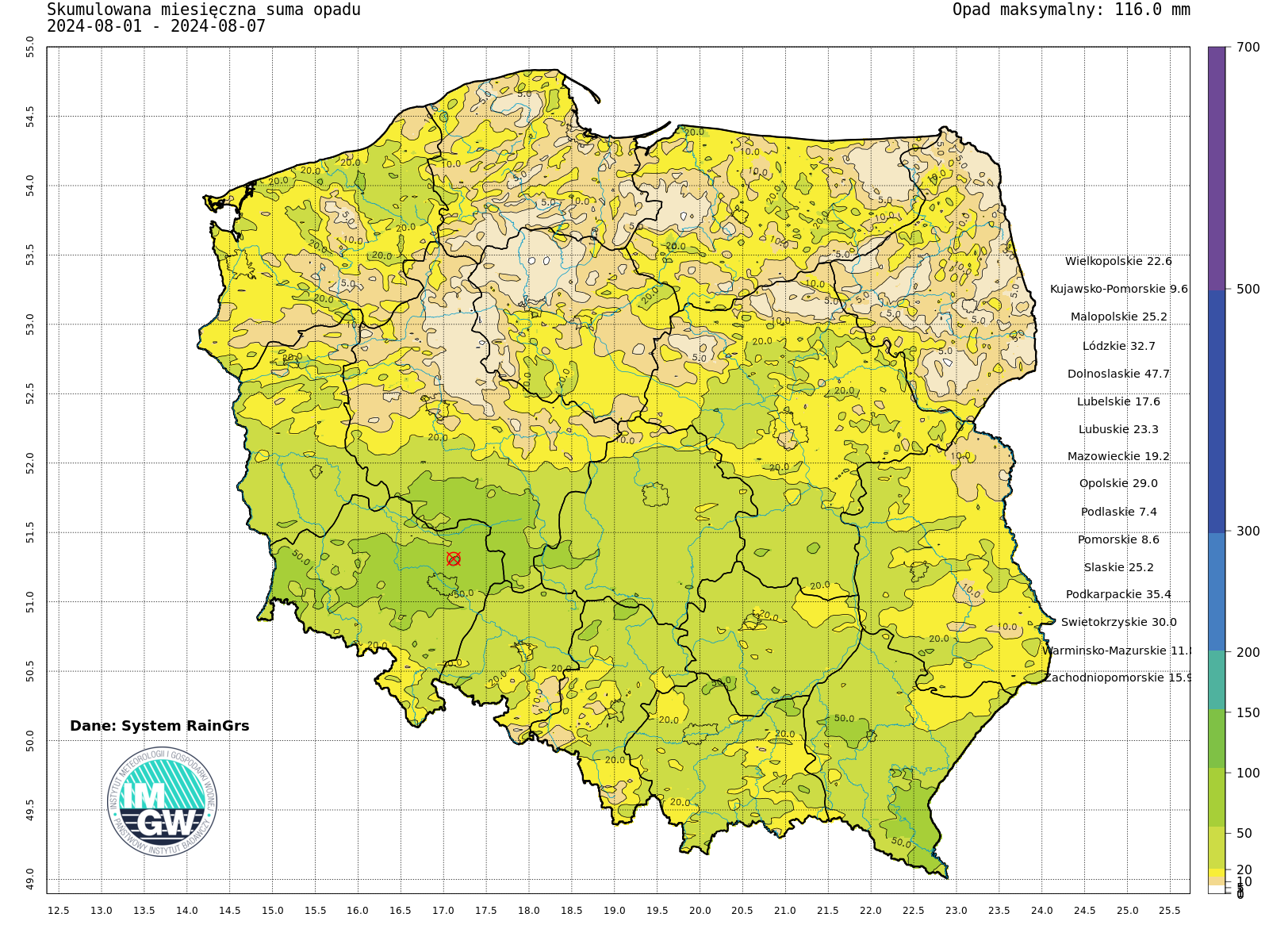 Suma skumulowanego opadu w sierpniu 2024.